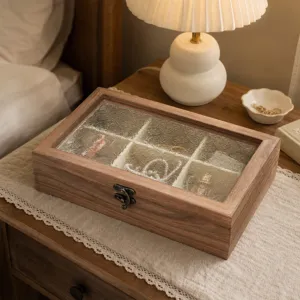 Klassische Vintage Schmuckschatulle aus echtem Massivholz mit 6 Fächern und Glasdeckel