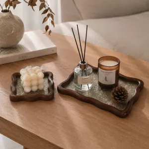 Bandeja de vidrio con patrón de begonia y marco de madera para decoración del hogar y almacenaje