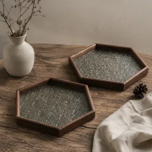 Bandeja de madera hexagonal estilo nórdico con base de vidrio con diseño de begonia