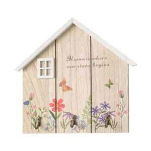 Rustic house-shaped wooden wall key holder with floral prints and 3 metal hooks