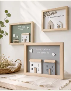 Decorative wooden frame wall art with 3D miniature houses and Home quotes