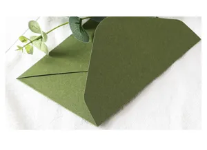 Close-up detail of an elegant olive green paper envelope with natural leaf prop on fabric.