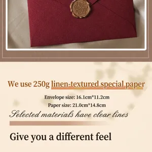 Detailed close-up of the red textured envelope with wax seal and paper size guide.