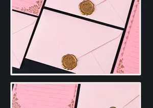 Detail shot of pink envelope and letter paper set with gold wax seal for romantic love letters.