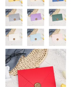 Colorful pearl paper envelopes with wax seals for wedding invitations and greeting cards.