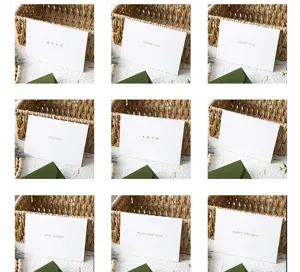 Set di biglietti di auguri con buste verde avocado, vari messaggi di auguri per compleanno.