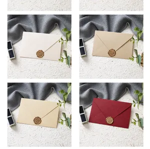 Linen texture greeting card envelope set with retro wax seal stamp in assorted elegant colors.