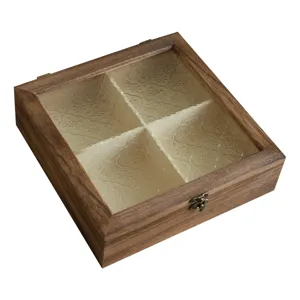 Vintage Aufbewahrungsbox aus Massivholz mit 4 Fächern und edlem geprägtem Glasdeckel