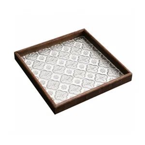 Bandeja de vidrio begonia vintage con marco de madera para aperitivos y decoración