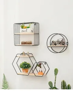 Modern wall-mounted black iron storage shelves with wood planks for home decor