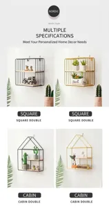 Nordic style iron wall-mounted shelves in square and cabin shapes, black and gold options.