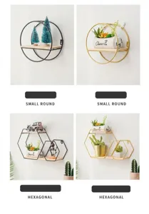 Detailed view of modern iron wall-mounted floating shelves in round and hexagonal shapes