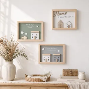 3D Wooden Wall Art Decorative Frame Miniature House Pastoral Style Home Sign Porch Hanging Ornament Wood Craft Wall Decor