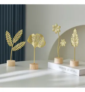 Modern gold metal leaf and flower ornaments with wooden base for desktop home decor