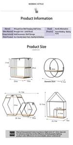 Detailed dimension guide and material specifications for Nordic-style iron and wood wall shelves.