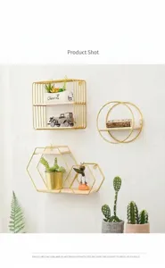 Nordic style gold wire wall-mounted shelves with wooden base for decor
