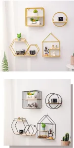 Modern geometric iron and wood wall shelves in various shapes like hexagon and round.
