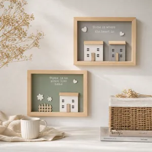 Rustic wooden shadow box wall art featuring 3D house motifs and cozy home quotes