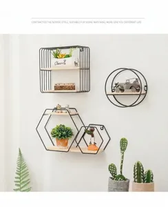 Nordic style black iron wall mounted shelves set with wooden boards for home decor