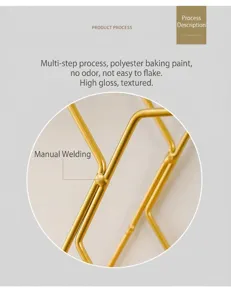 Macro detail of gold finish iron shelf showing manual welding and smooth texture
