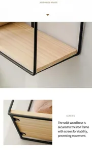 Detail view of the screw fixation and solid wood texture of the iron wall shelf