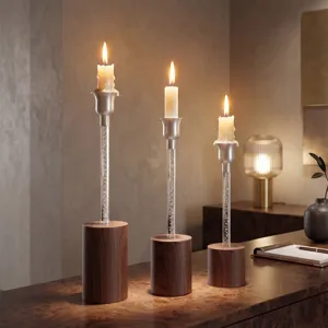 Nordic Aluminum Alloy Candlestick Set Acrylic Bubble Rod Wood Grain Base Luxury Taper Candle Holder Modern Home Table Decor Ornaments