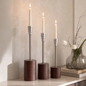 Nordic Minimalist Aluminum Candle Holder Collection Wood Grain Base Silver Metal Candlestick Dining Table Decor Luxury Taper Stand