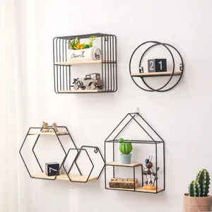 Decorative geometric black metal wire wall shelves set with natural wood base for home