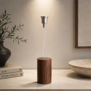 Nordic style luxury aluminum candle holder with wooden base for modern home table decor