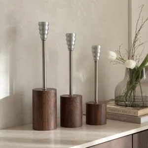 Modern Nordic style walnut wood and metal candle holders set for luxury home decor