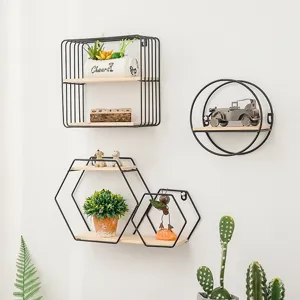 Minimalist black iron wall-mounted storage shelves with wooden boards for home decor
