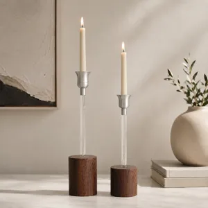 Modern Nordic style aluminum alloy and wood candle holder set for elegant table decor.