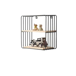 Industrial style two-tier wall-mounted iron and wood floating shelf for home decor