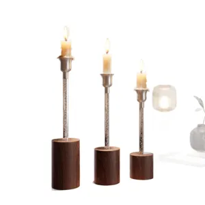 Elegant Nordic aluminum and walnut wood candle holder set for luxury dining table decoration