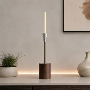Nordic minimalist aluminum alloy candle holder with walnut wood base for home decor