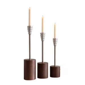 Set of 3 Nordic wooden and aluminum candle holders for elegant home dining table decor