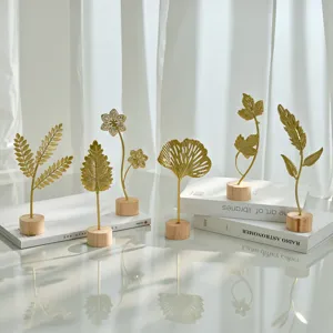 Nordic Light Luxury Iron Plant Leaf Ornaments With Wooden Base Gold Navy Blue Ginkgo Maple Leaf Desktop Crafts Home Decor Accents Ornaments