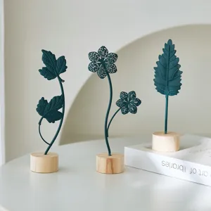 Nordic iron art leaf and flower desktop ornaments with wooden base for home decor