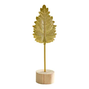 Nordic luxury gold iron leaf ornament with wooden base for desktop home decor