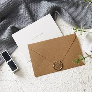 Linen texture envelope greeting card with wax seal for birthday, wedding and festival wishes.