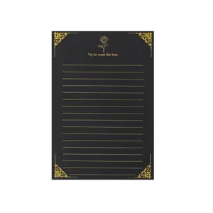 Papier à lettres noir avec dorure à chaud et motif de rose pour messages romantiques.