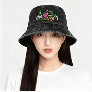 Vintage Washed Distressed Cotton Floral Embroidered Bucket Hat For Men Women Outdoor Sun Protection Fisherman Cap