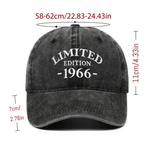 Distressed washed baseball cap with 1966 embroidery showing detailed size measurements