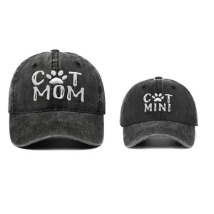 Gorra de Béisbol de Algodón Lavado para Padres e Hijos Cat Mom Mini Dad Bordado Vintage Envejecido Sombrero de Sol para Mujeres Niños
