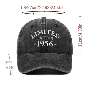 Front view of washed cotton baseball cap with 1956 embroidery and size dimensions