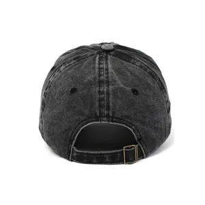 Back view of black washed denim baseball cap with adjustable metal buckle strap