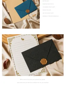Vintage stationery detail view featuring retro letter paper, dark envelope and wax seal.
