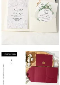 Élégant ensemble de cartes d'invitation de mariage à trois volets avec enveloppe et sceau.