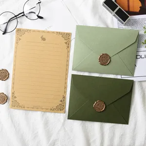Avocado and olive green envelope writing paper set for vintage greeting cards letters.