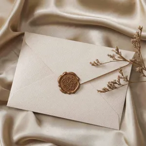 Close-up detail of textured paper envelope with vintage wax seal on elegant champagne satin fabric.